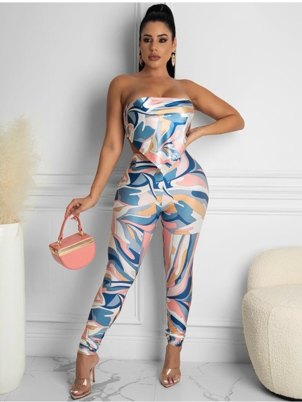 Strapless Abstract Print Legging Set in Blue & Pink
